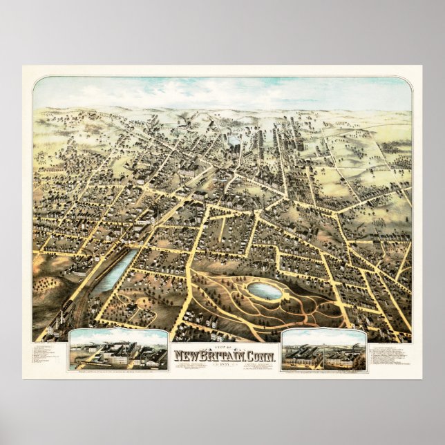Póster Mapa de Nueva Bretaña, Connecticut de 1875 (Frente)