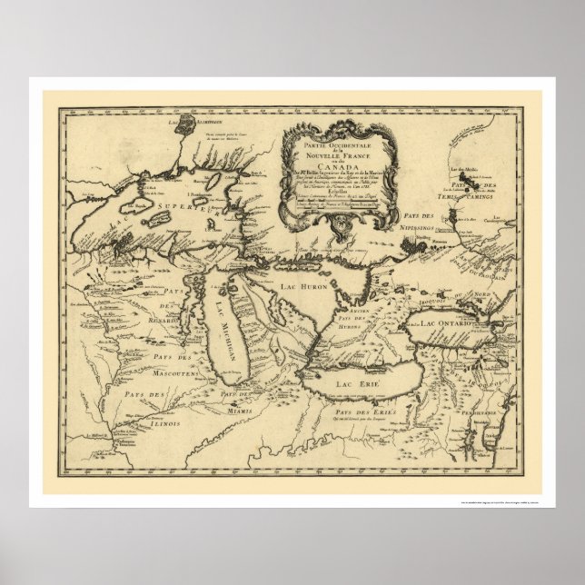 Póster Mapa de Nueva Francia Canadá 1755 (Frente)