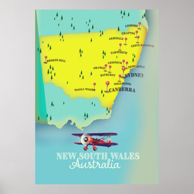 Póster Mapa de Nueva Gales del Sur de Australia (Frente)