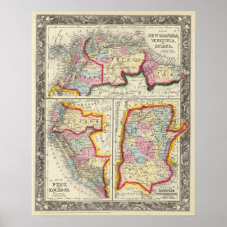 Póster Mapa De Nueva Granada, Venezuela Y Guyana