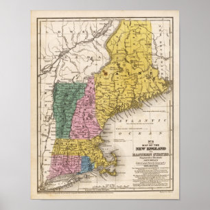 Póster Mapa de Nueva Inglaterra o de los estados del este