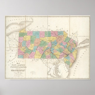 Póster Mapa de Nueva Jersey y Pensilvania