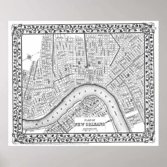 Póster Mapa de Nueva Orleans (1880) BW (Frente)