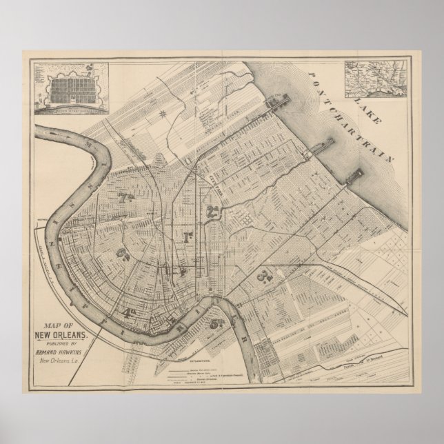 Póster Mapa de Nueva Orleans Louisiana (1885) (Frente)