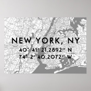 Póster Mapa de Nueva York Blanco Negro y Gris Personaliza