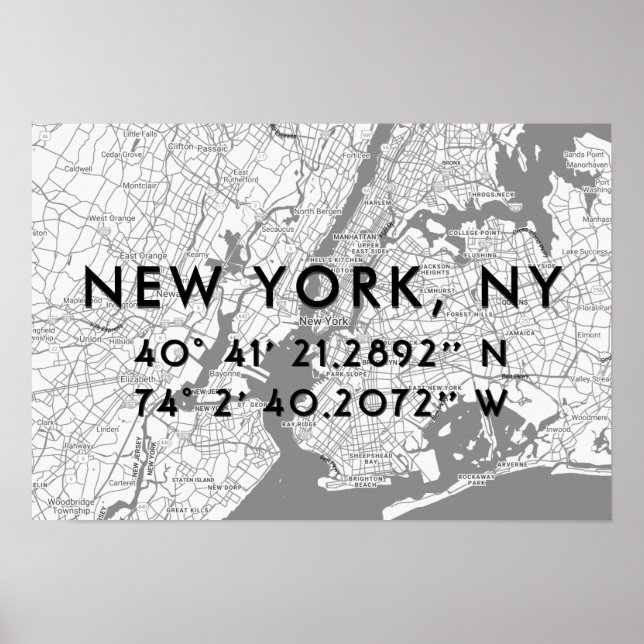 Póster Mapa de Nueva York Blanco Negro y Gris Personaliza (Frente)