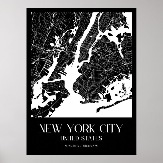 Póster Mapa de Nueva York - Blanco y negro (Frente)