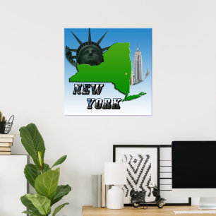 Póster Mapa de Nueva York, estatua de la libertad, monume