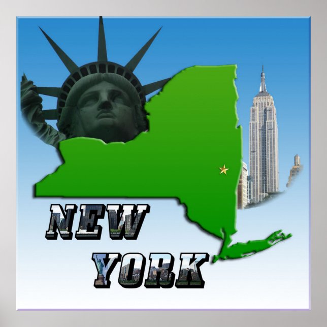 Póster Mapa de Nueva York, estatua de la libertad, monume (Frente)