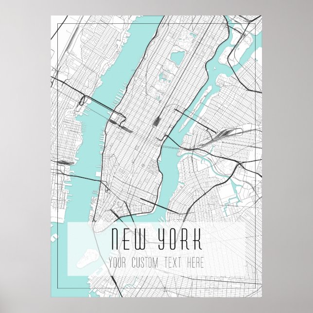 Póster Mapa de Nueva York, negro, blanco y azul (Frente)