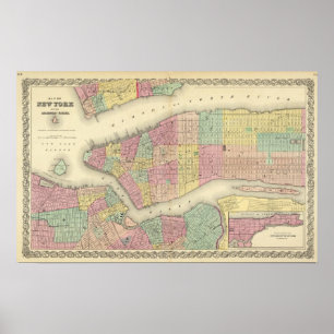 Póster Mapa de Nueva York y de las ciudades adyacentes