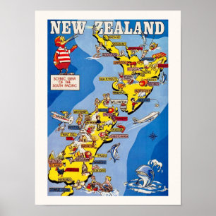 Póster Mapa de Nueva Zelanda Ilustrado Coloridamente