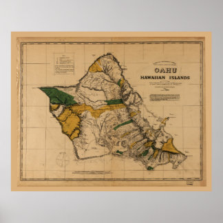 Póster Mapa de Oahu, Isla de Hawái (1881)