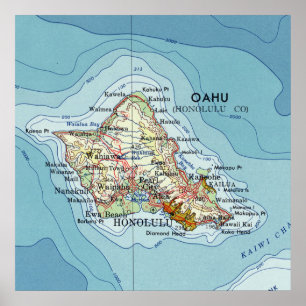 Póster Mapa de Oahu Vintae