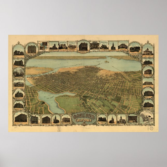 Póster Mapa de Oakland, Birds-Eye View, 1900 (Frente)