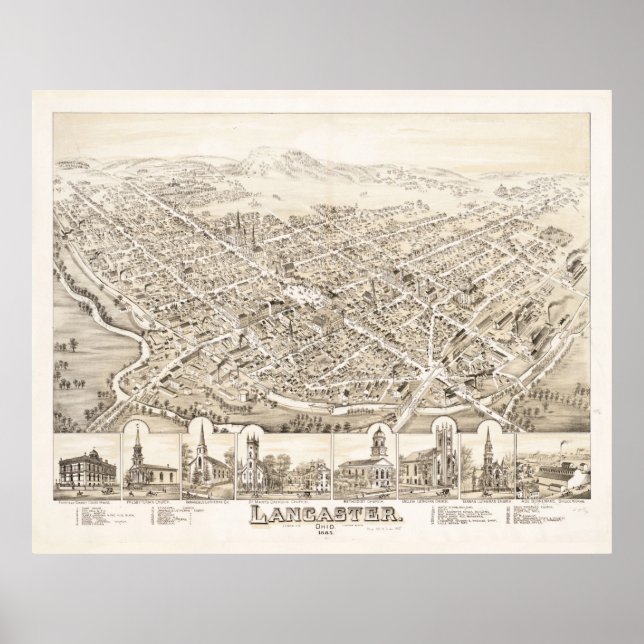 Póster Mapa de OH de Lancaster Vintage (1885) (Frente)