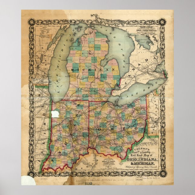 Póster Mapa de Ohio, Indiana y Michigan (1859) (Frente)