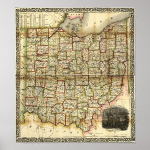 Póster Mapa de Ohio Vintage 1851