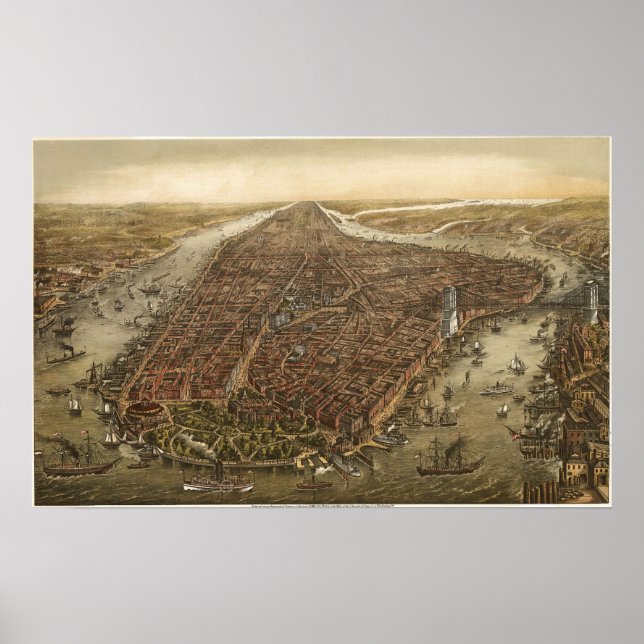 Póster Mapa de ojos de pájaro de Manhattan, Nueva York, 1 (Frente)