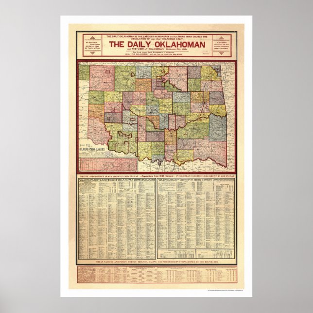 Póster Mapa de Oklahoma y Territorio Indio 1905 (Frente)