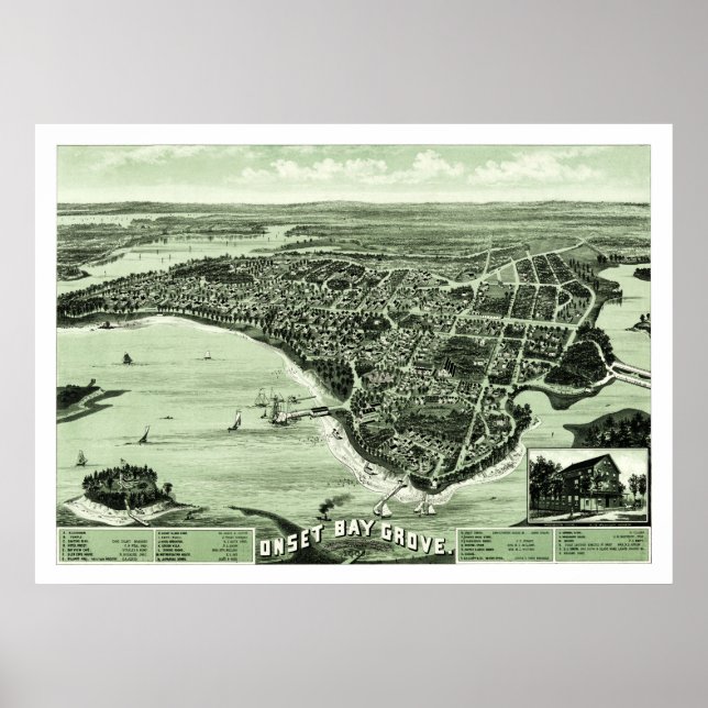 Póster Mapa de Onset Bay Grove en Wareham, MAMÁES de 1885 (Frente)