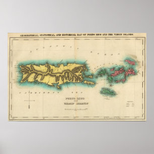 Póster Mapa de Oporto Rico y las Islas Vírgenes