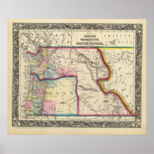 Póster Mapa de Oregon, Washington