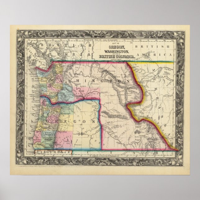 Póster Mapa De Oregón, Washington (Frente)