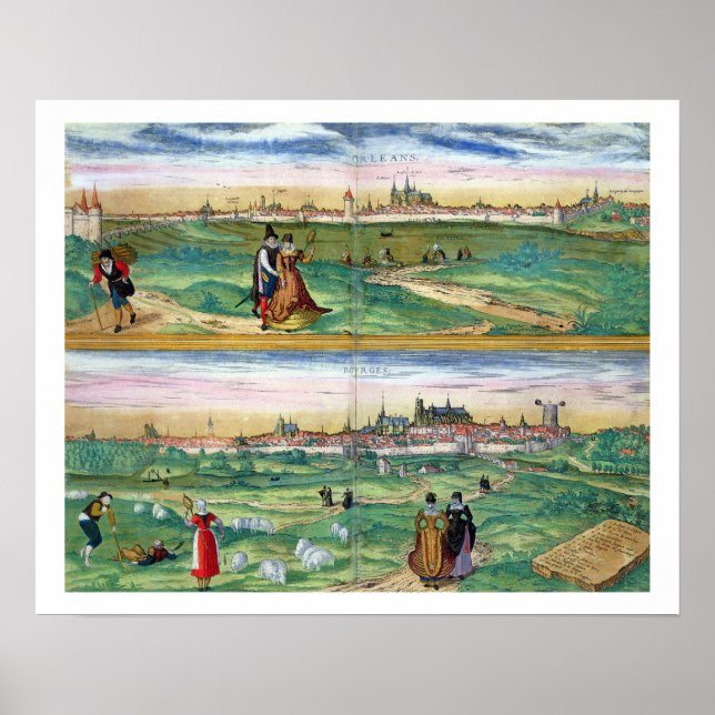 Póster Mapa de Orleans y Bourges, de 'Civitates Orbis (Frente)