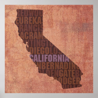 Póster Mapa de palabras de esquema de estado de Californi
