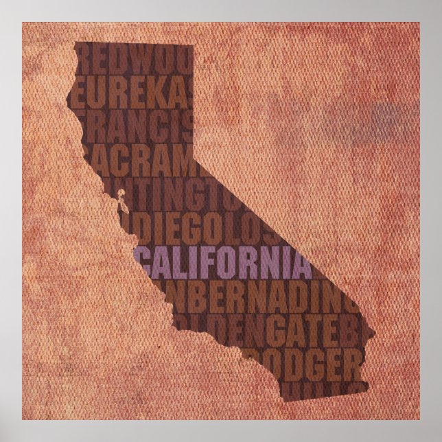 Póster Mapa de palabras de esquema de estado de Californi (Frente)