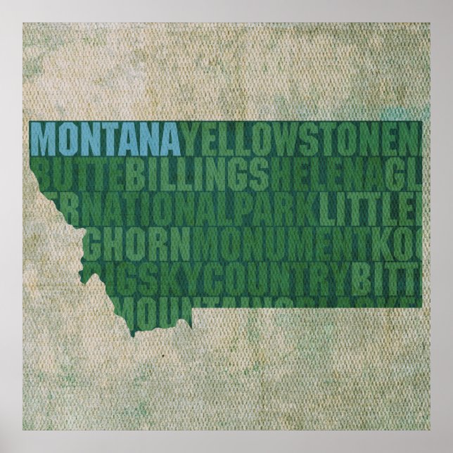 Póster Mapa de palabras de esquema de estado de Montana s (Frente)