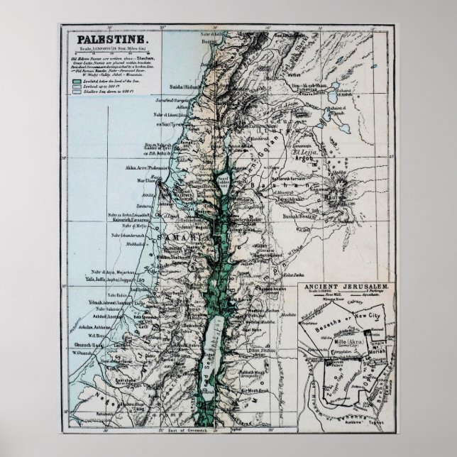 Póster Mapa de Palestina de 1889, Oriente Medio (Frente)