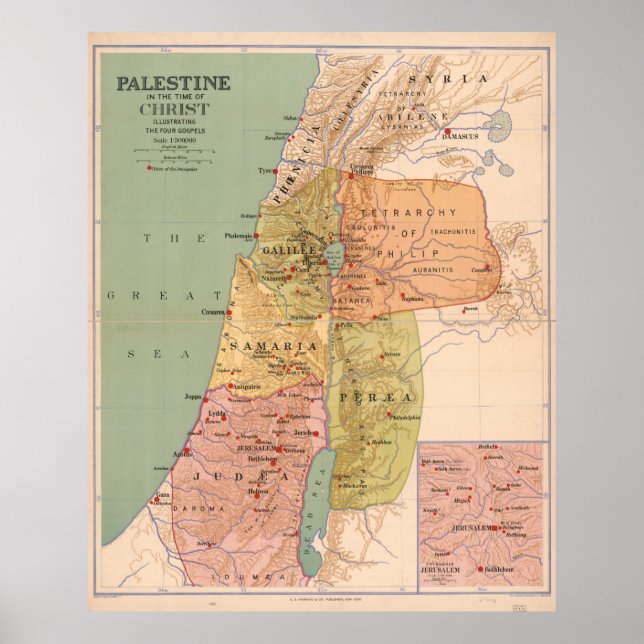 Póster Mapa de Palestina en Tiempo de Cristo (a 70 A.D.) (Frente)