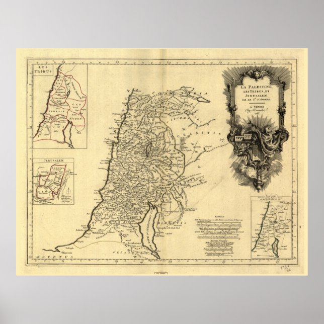 Póster Mapa de Palestina, las tribus y Jerusalén (1783) (Frente)
