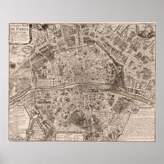 Póster Mapa de París de 1705, Francia (Frente)