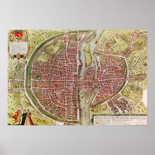 Póster Mapa de París de 'Civitates orbis terrarrum' (Frente)