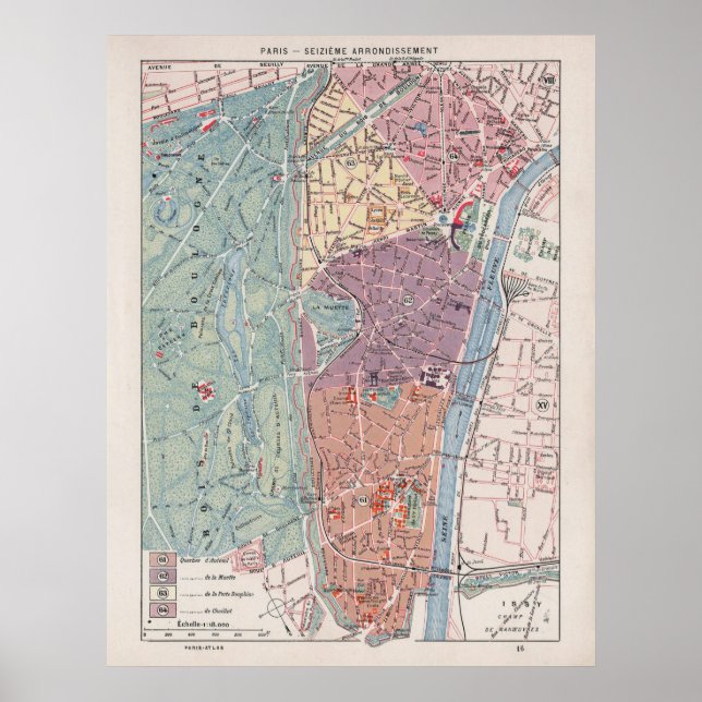 Póster Mapa de París de época, 1900 - 16º distrito (Frente)