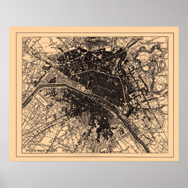 Póster Mapa de París, Francia, 1890-1907 (Frente)