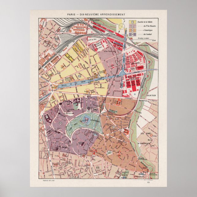 Póster Mapa de París vintage, 1900 - 19º distrito (Frente)