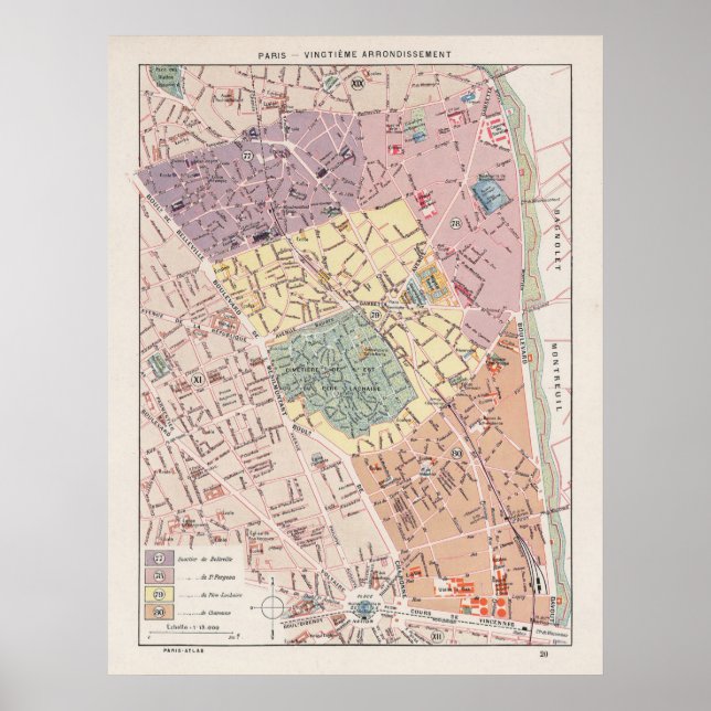 Póster Mapa de París vintage, 1900 - 20º distrito (Frente)
