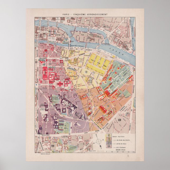 Póster Mapa de París vintage, 1900 - 5º distrito (Frente)
