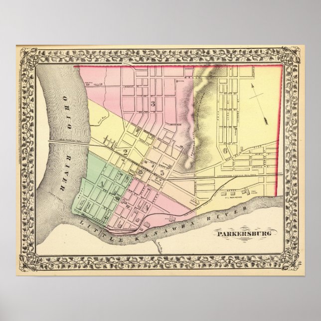 Póster Mapa de Parkersburg, Virginia Occidental