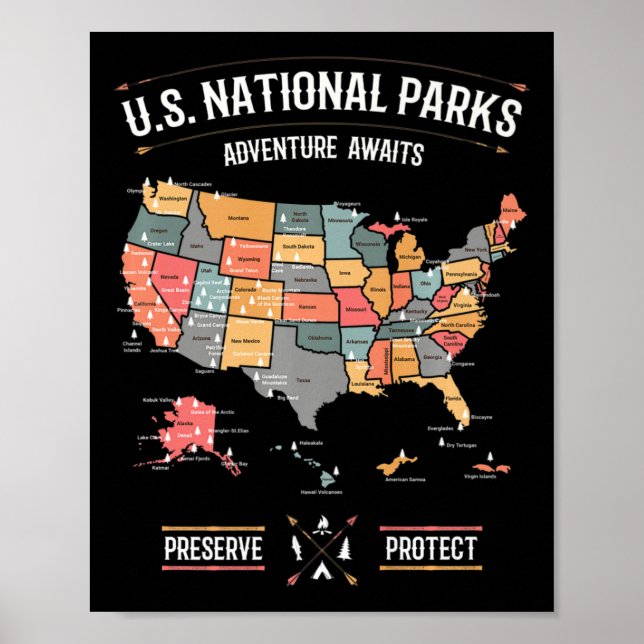 Póster Mapa de Parques Nacionales de EE. UU. Preservar Pr (Frente)