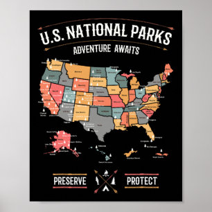 Póster Mapa de Parques Nacionales Estadounidenses Conserv