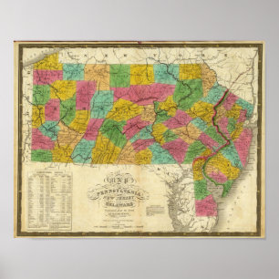 Póster Mapa de Pensilvania, Nueva Jersey y Delaware