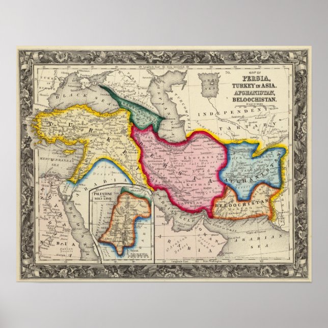 Póster Mapa de Persia, Turquía en Asia, Afganistán (Frente)