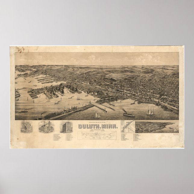 Póster Mapa de perspectiva de Duluth Minnesota (1893) (Frente)