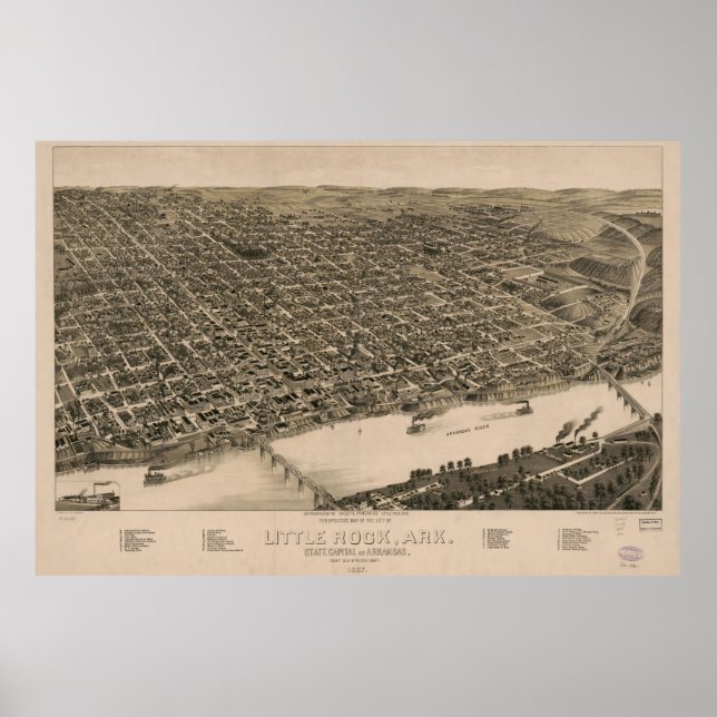 Póster Mapa de perspectiva de Little Rock, Arkansas (1887 (Frente)