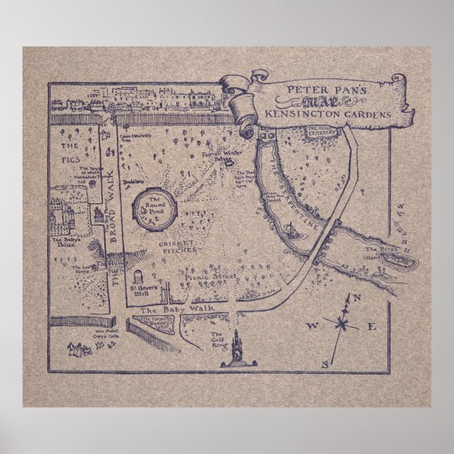 Póster Mapa de Peter Pan de los jardines de Kensington (Frente)
